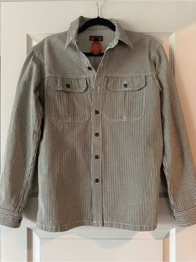 Patagonia Striped Button-Up Work Shirt Jacket in brown and white